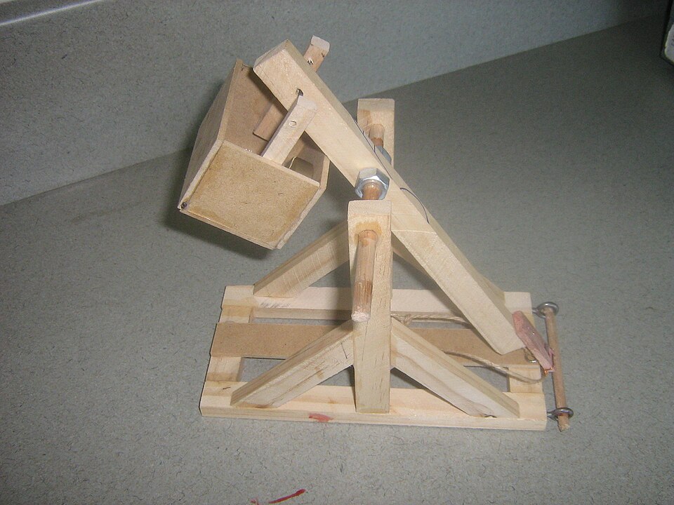 A student-built wooden tabletop trebuchet model